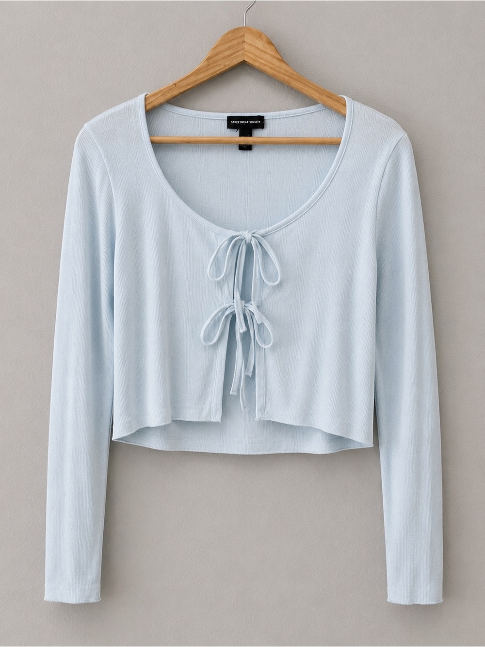 Streetwear Society Blue Ribbed Crop Top Cardigan Double Bow Tie Front Medium